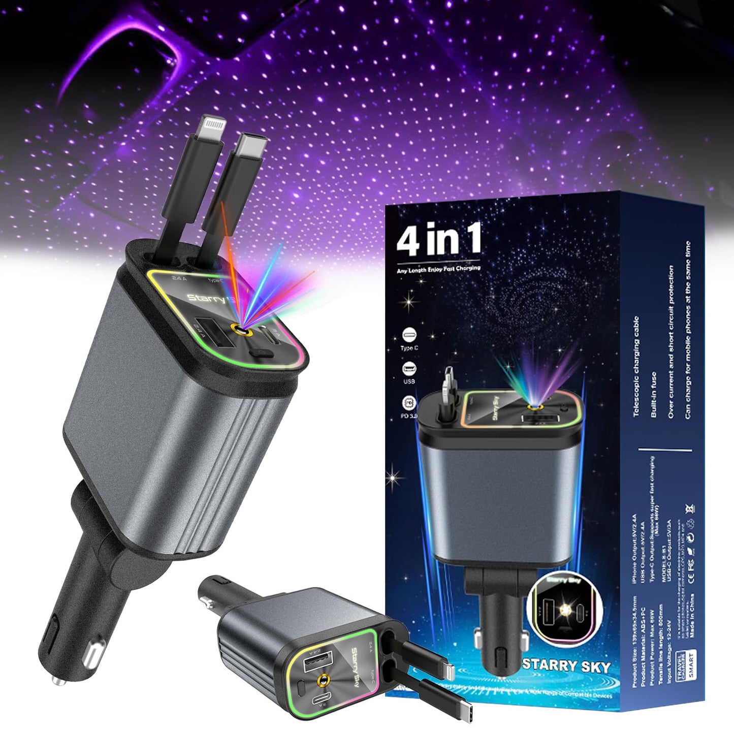Starry Sky Car Charger 4 in 1 Car Charger Starry Sky Projector Car Mobile Phone Charger