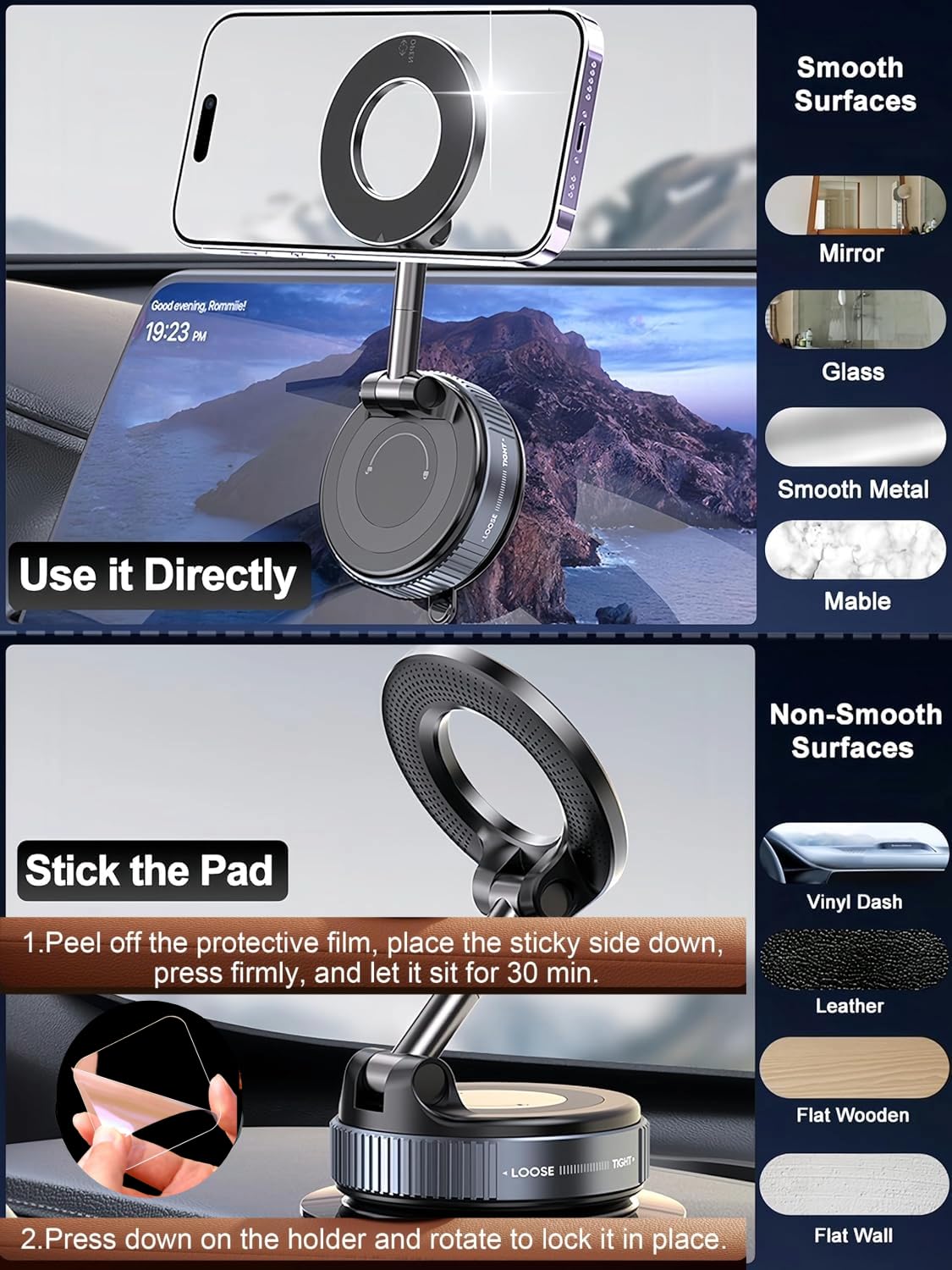 K007 - 360° Vaccum Magnetic Phones Holder, Magnetic Car Phone Mount, Hands-Free Suction Cup Phones Holder for Car/Gym/Mirror/Shower,